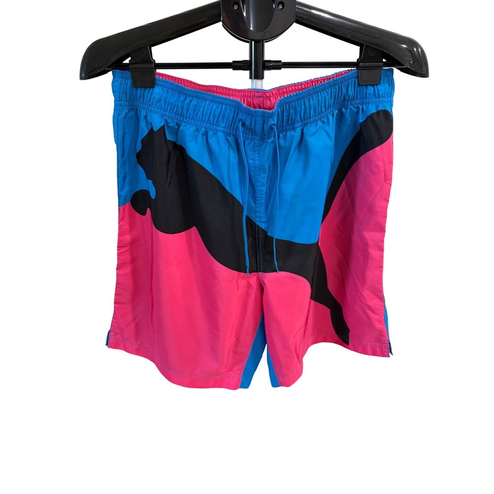 Puma Mens Swim Trunks Large Blue Pink Colorblock Big Cat Logo Mesh Lined Shorts